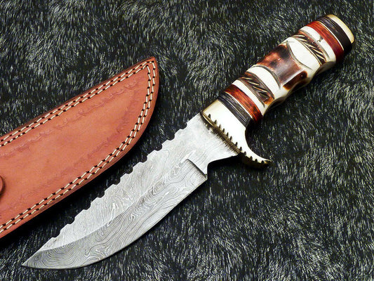 12.0" Hand Forged Damascus Bowie Knife Damascus Steel Knife with Camel Bone Handle & Sheath