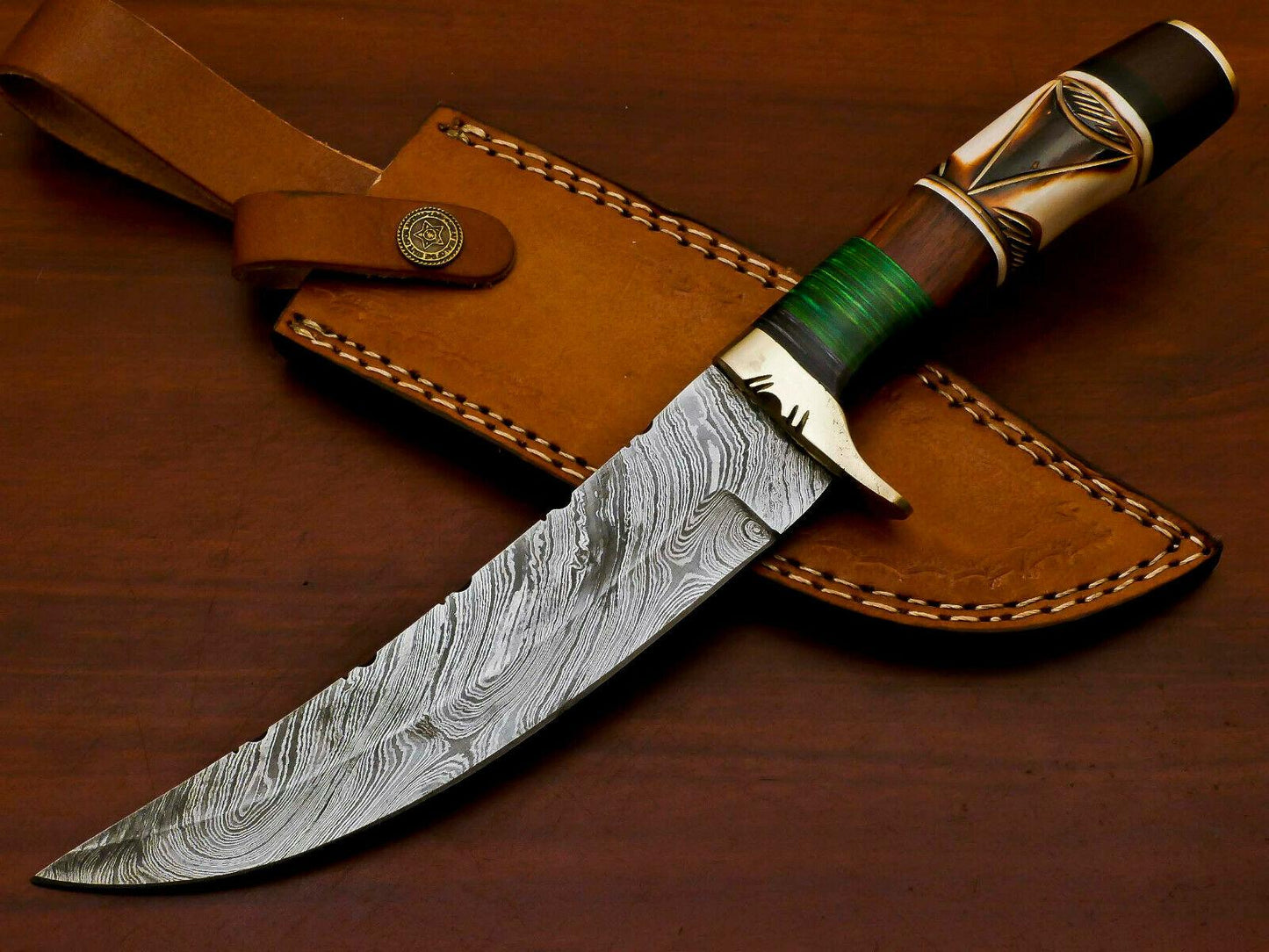 12.0" Handmade Damascus Bowie Knife Damascus Steel Knife with Camel Bone & Pakka Wood Handle