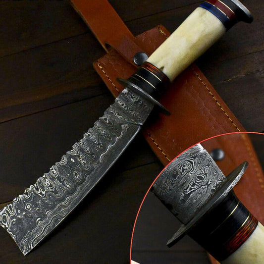 12.1" Handmade Damascus Hunting Bowie Knife – Camel Bone Handle
