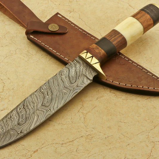 12.25" Damascus Bowie Hunting Knife – Camel Bone, Rosewood & Pakka Wood Handle with Brass Guard