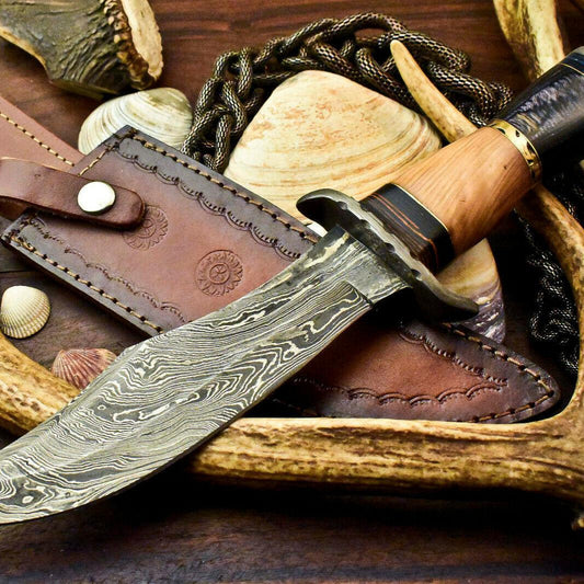 12.25" Damascus Bowie Knife – Hardwood Handle & Leather Sheath