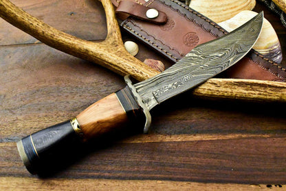 12.25" Hand Forged Bowie Damascus Steel Knife With Hardwood Handle & Leather Sheath