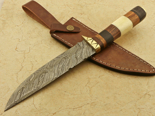 12.25" Hand Forged Custom Bowie Knife Damascus Steel Knife With Bone & Rosewood Handle 