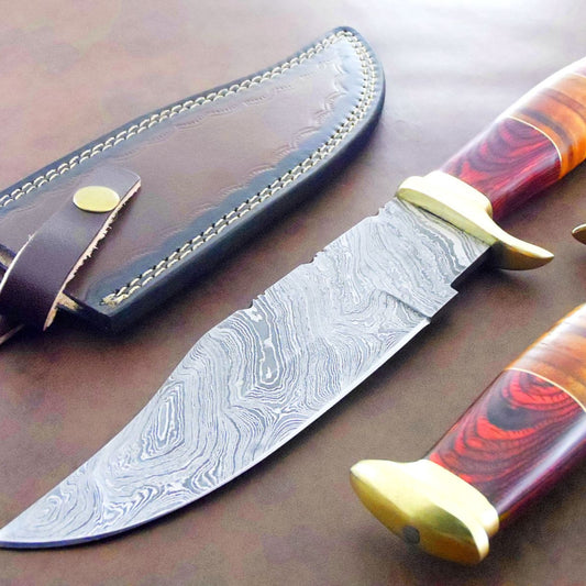 12.25” Handmade Damascus Bowie Knife | Natural Wood Handle