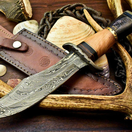 12.25" Handmade Damascus Steel Bowie Knife | Hardwood Handle