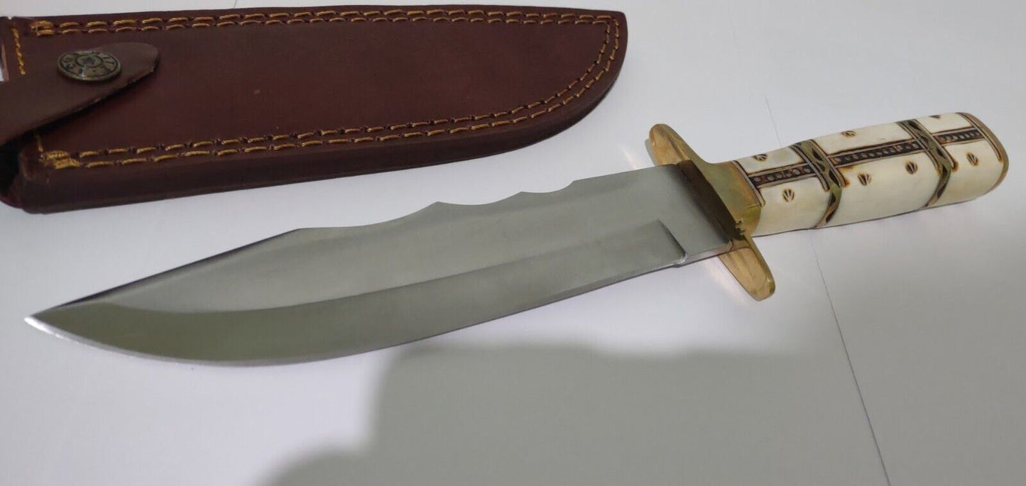 12.25" Hunting Bowie Knife 440 Stainless Steel White Bone Handle with Leather Sheath