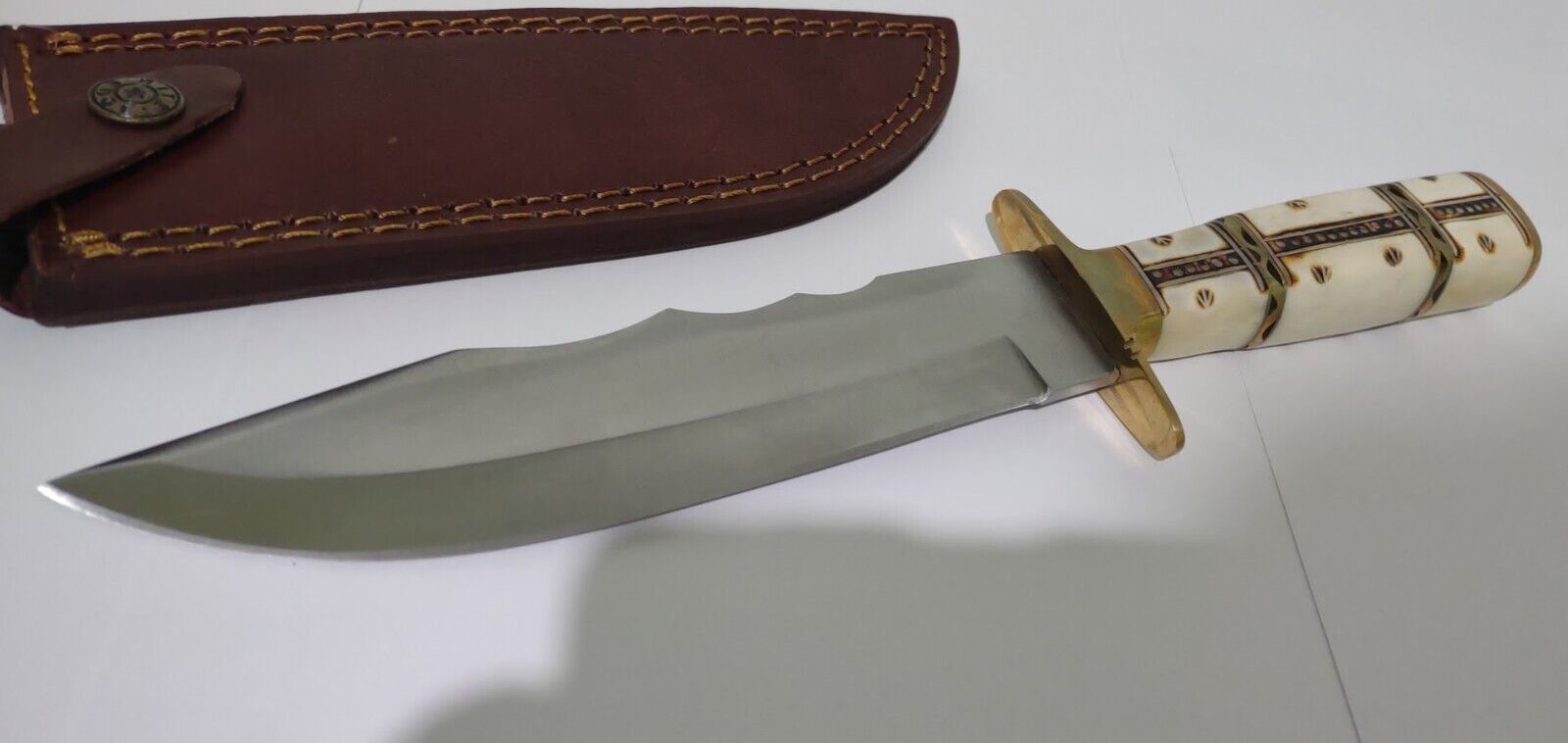 12.25" Hunting Bowie Knife 440 Stainless Steel White Bone Handle with Leather Sheath