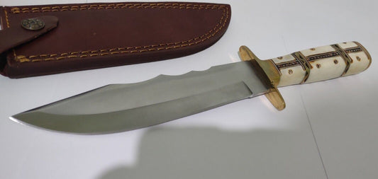 12.25" Hunting Bowie Knife 440 Stainless Steel White Bone Handle with Leather Sheath