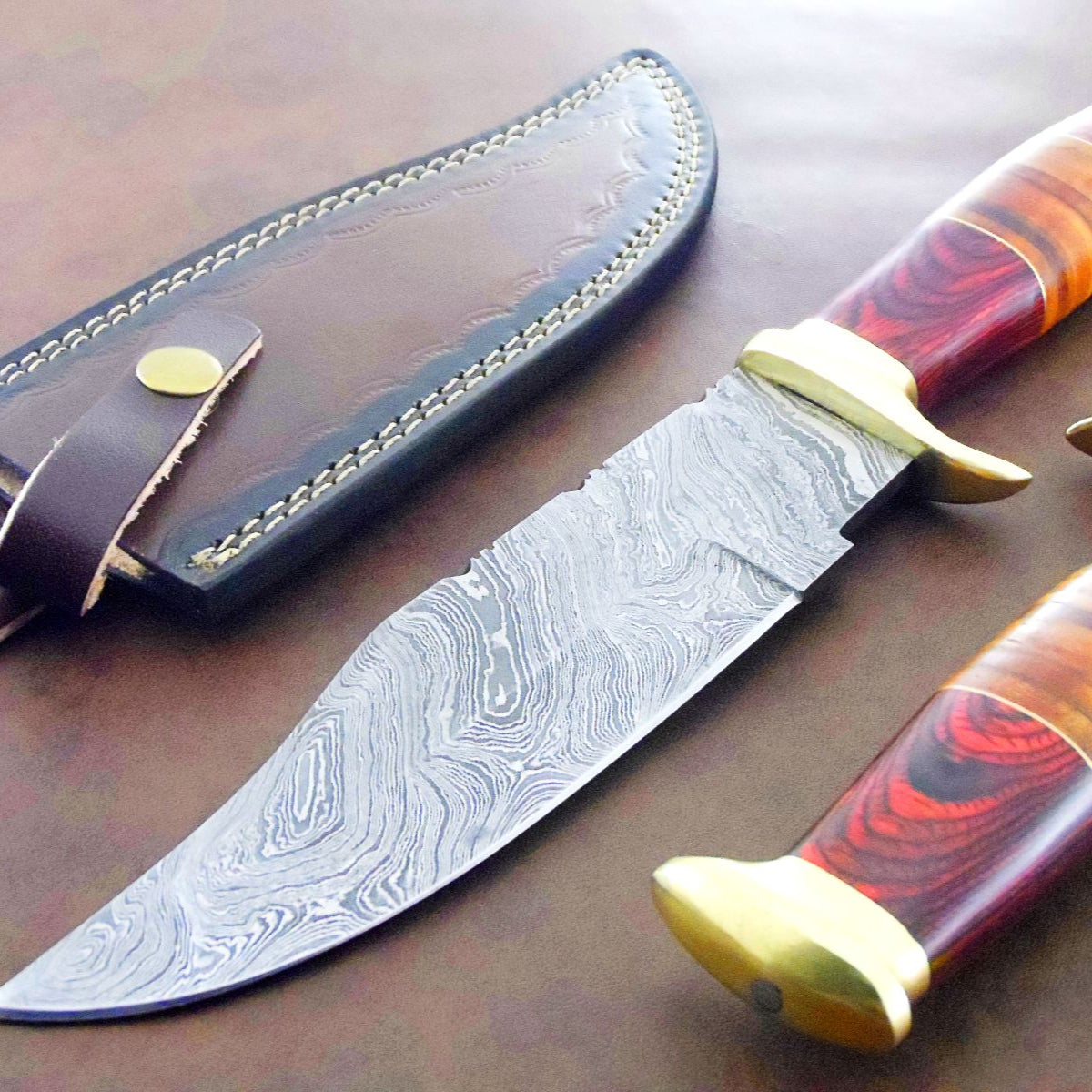 12.25" Premium Damascus Bowie Knife Damascus Steel Knife with Natural Wood Handle & Sheath