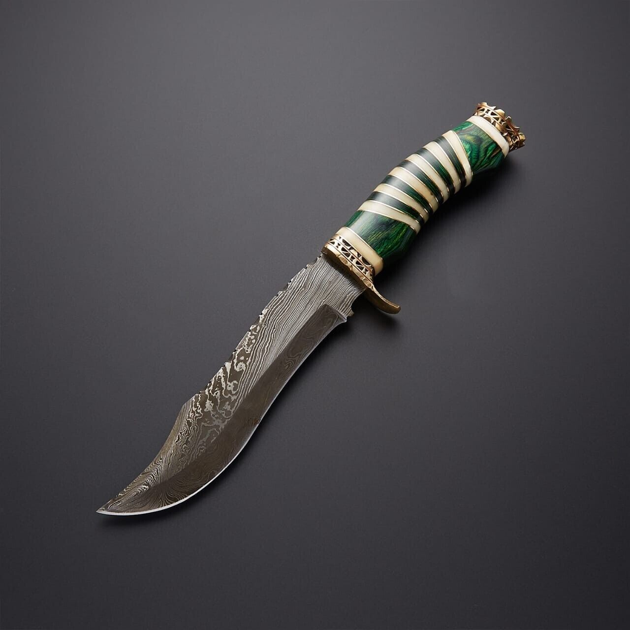 12.2" Damascus Steel Bowie Knife – Camel Horn Handle with Leather Sheath