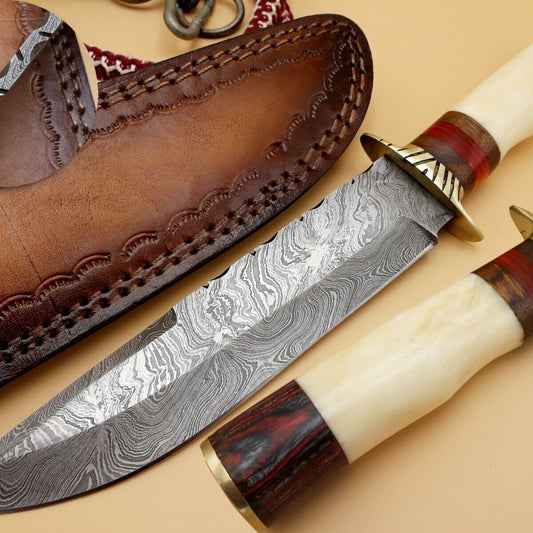 12.3" Handmade Damascus Steel Hunting Bowie Knife – Camel Bone Handle & Brass Guard
