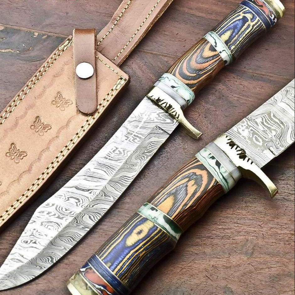 12.5" Custom Damascus Bowie Knife | Handmade Hunting Blade with Hardwood Handle