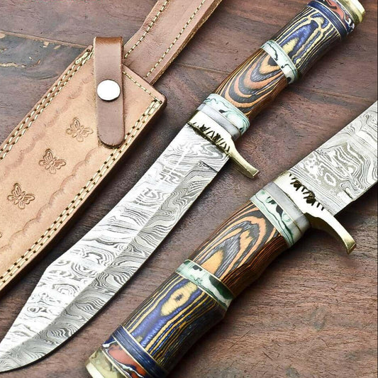 12.5" Custom Damascus Bowie Knife | Handmade Hunting Blade with Hardwood Handle
