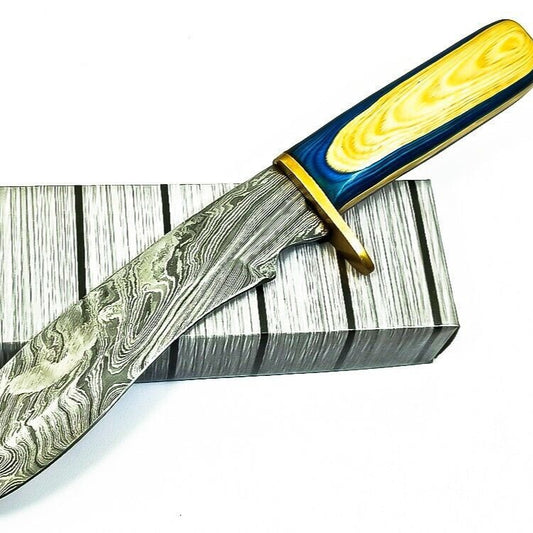 12.5" Custom Damascus Steel Bowie Knife – Wood Handle, Brass Guard & Leather Sheath