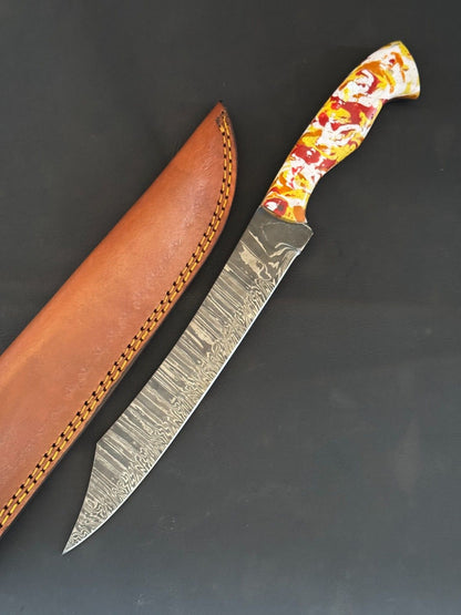 12.5" Custom Fillet Knife Handmade Damascus Fillet Knife for Kitchen With Leather Sheath