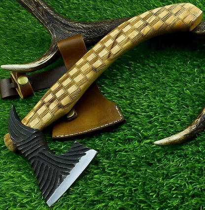 12.5” Custom Handmade Carbon Steel Axe Bearded Hatchet with Olive Wood Handle & Sheath
