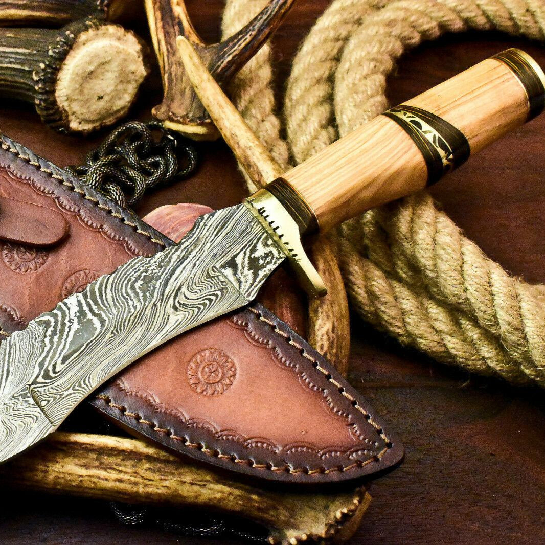 12.5" Custom Handmade Damascus Bowie Hunting Knife – Olive Wood Handle
