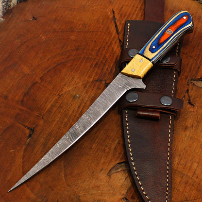 12.5" Custom Handmade Damascus Fillet Knife Fire Damascus Steel Fillet Knife