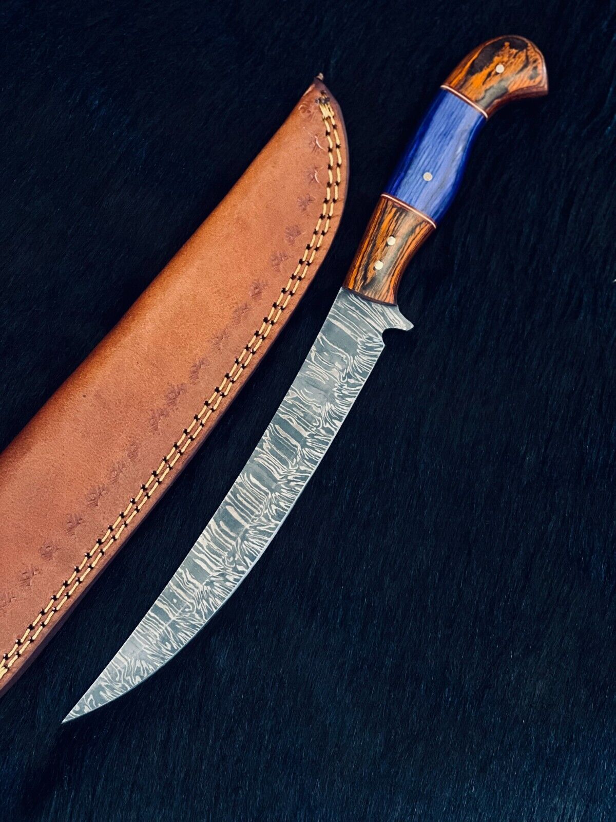 12.5" Custom Handmade Damascus Fillet Knife Fire Damascus Steel Fillet Knife W/Sheath
