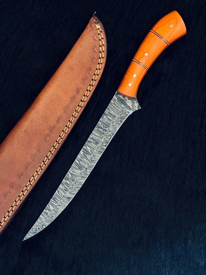 12.5" Custom Handmade Fire Damascus Steel Fillet Knife Damascus Steel Fillet Knife