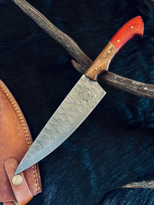 12.5" Custom Handmade Fire Damascus Steel Santoku Chef Knife