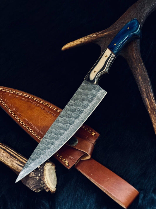 12.5" Custom Handmade Fire Damascus Steel Santoku Chef Knife – Camel Bone & Wood Handle