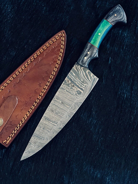 12.5" Custom Handmade Ladder Damascus Steel Sentoku Chef Knife – Camping & Hunting Knife