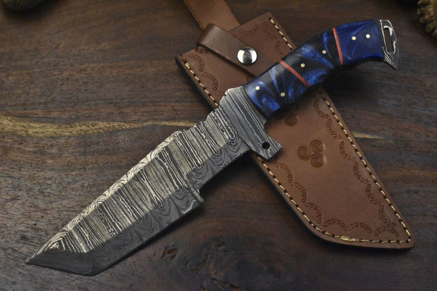 12.5" Custom Handmade Twist Damascus Tracker Knife – Corian Handle, Micarta Bolster, Leather Sheath