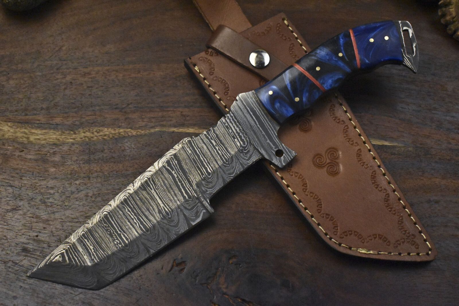 12.5" Custom Handmade Twist Damascus Tracker Knife – Corian Handle, Micarta Bolster, Leather Sheath