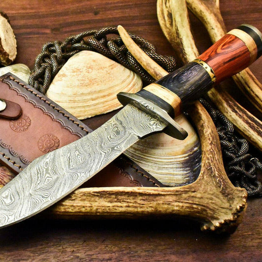 12.5" Damascus Bowie Hunting Knife – Walnut Wood Handle with Leather Sheath
