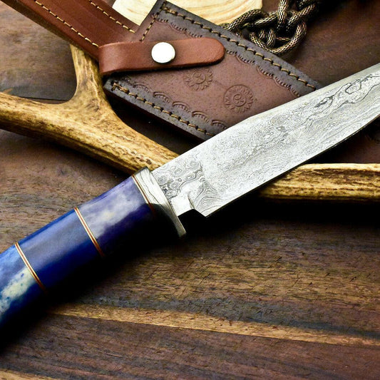 12.5" Damascus Bowie Knife – Camel Bone Handle