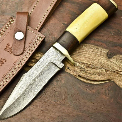 12.5" Damascus Bowie Knife – Camel Bone Handle & Leather Sheath