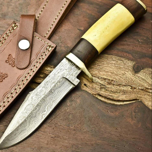12.5" Damascus Bowie Knife – Camel Bone Handle & Leather Sheath