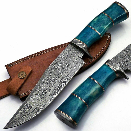 12.5" Damascus Bowie Knife Damascus Steel Knife With Colored Camel Bone Handle & Sheath 