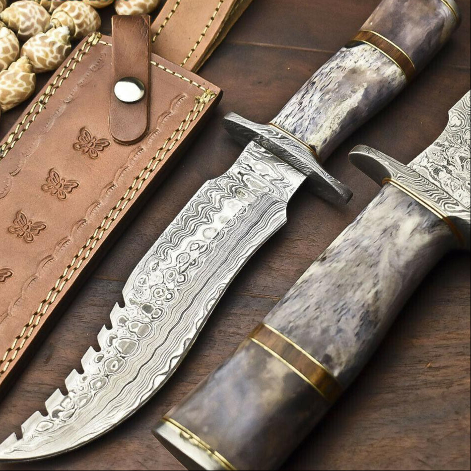 12.5" Damascus Bowie Knife, Damascus Steel Knife with Camel Bone Handle & Leather Sheath
