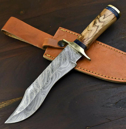 12.5" Damascus Bowie Knife Damascus Steel Knife with Olive Wood Handle & Leather Sheath