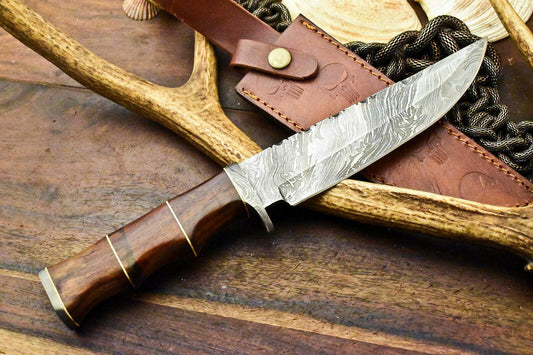 12.5" Damascus Bowie Knife Damascus Steel Knife with Walnut Wood Handle & Leather Sheath