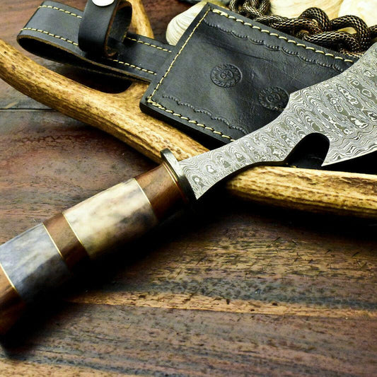12.5" Damascus Bowie Knife | Premium Camel Bone Handle