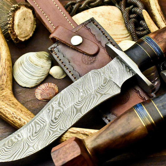 12.5" Damascus Bowie Knife | Walnut Wood Elegance