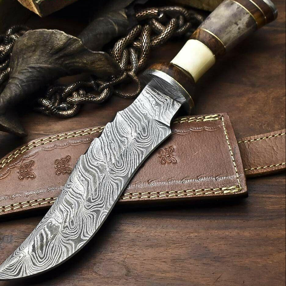 12.5" Damascus Bowie Knife with Camel Bone Handle 