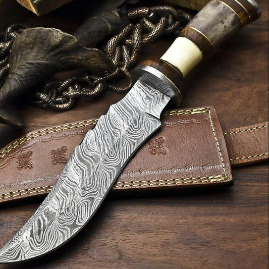 12.5" Damascus Bowie Knife with Camel Bone Handle 