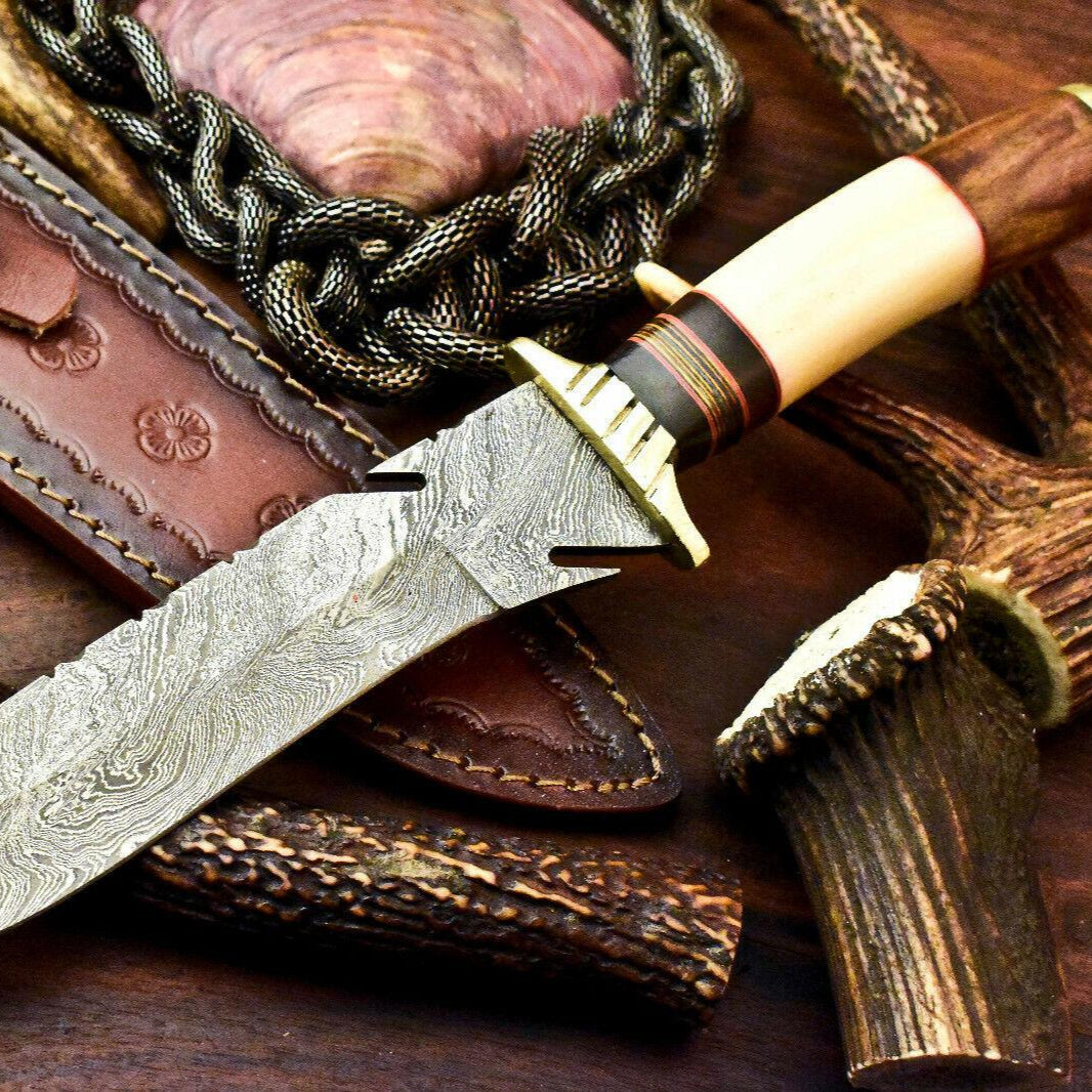 12.5" Damascus Bowie Knife | Camel Bone Handle & Leather Sheath