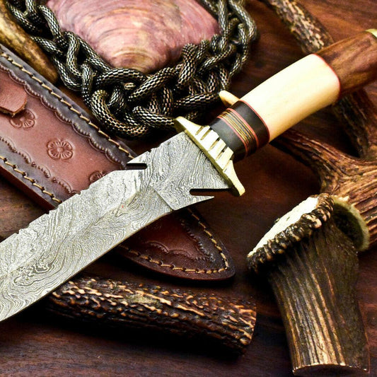 12.5" Damascus Bowie Knife | Camel Bone Handle & Leather Sheath