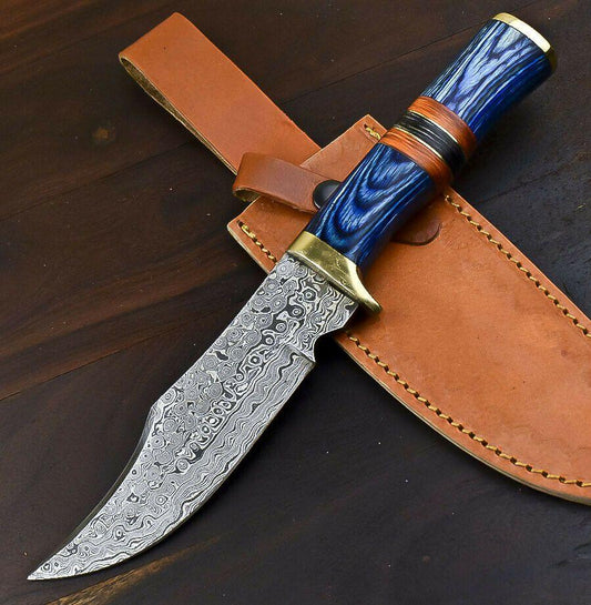 12.5" Damascus Combat Bowie Knife with Hardwood Handle 