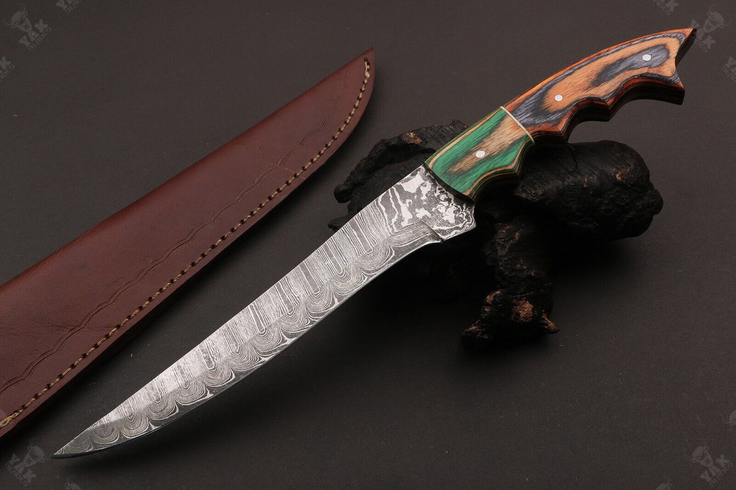12.5" Damascus Fillet Knife Damascus Steel Fillet Knife With Pakka Wood Handle With Leather Sheath 
