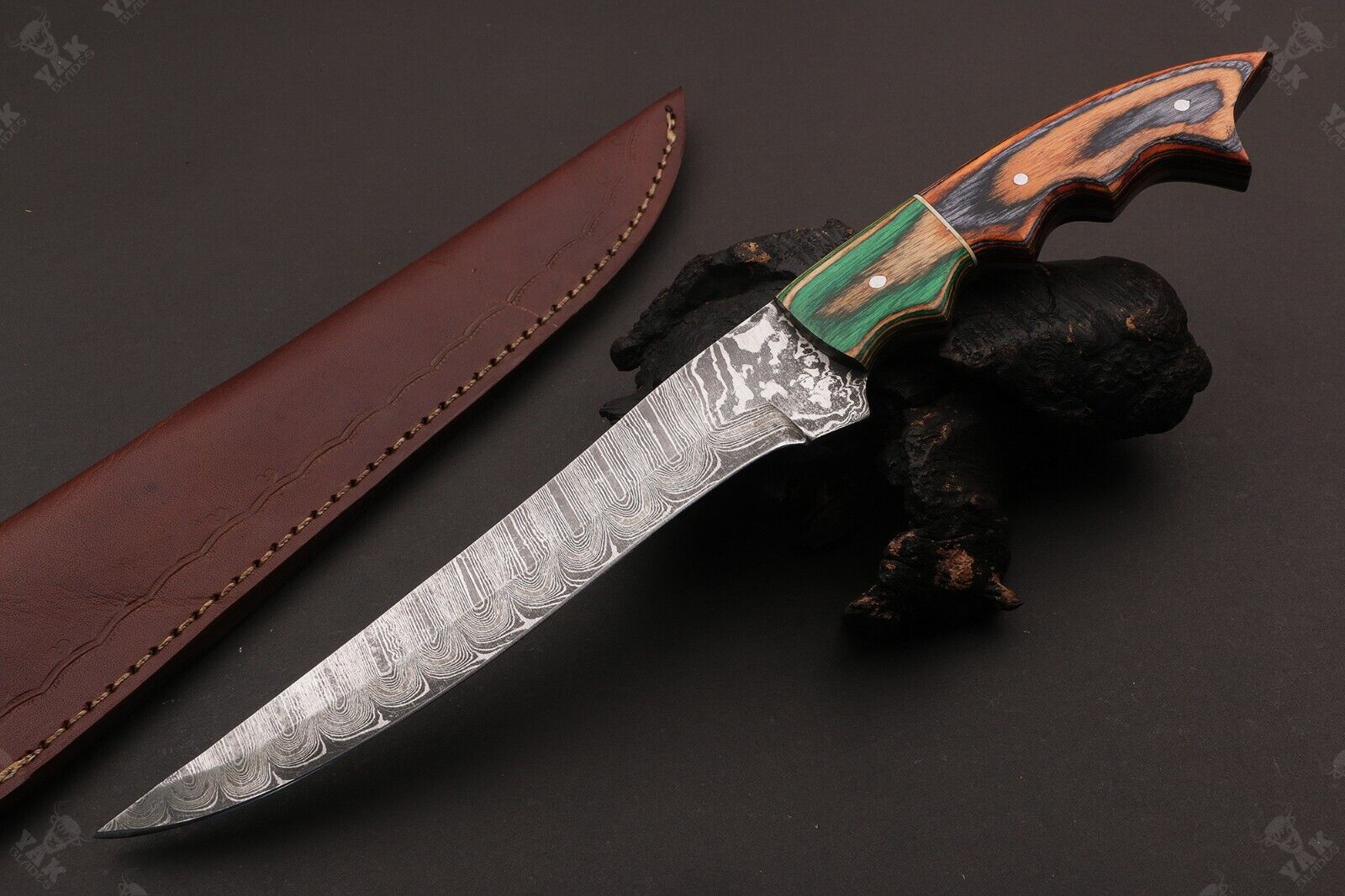 12.5" Damascus Fillet Knife Damascus Steel Fillet Knife With Pakka Wood Handle With Leather Sheath 