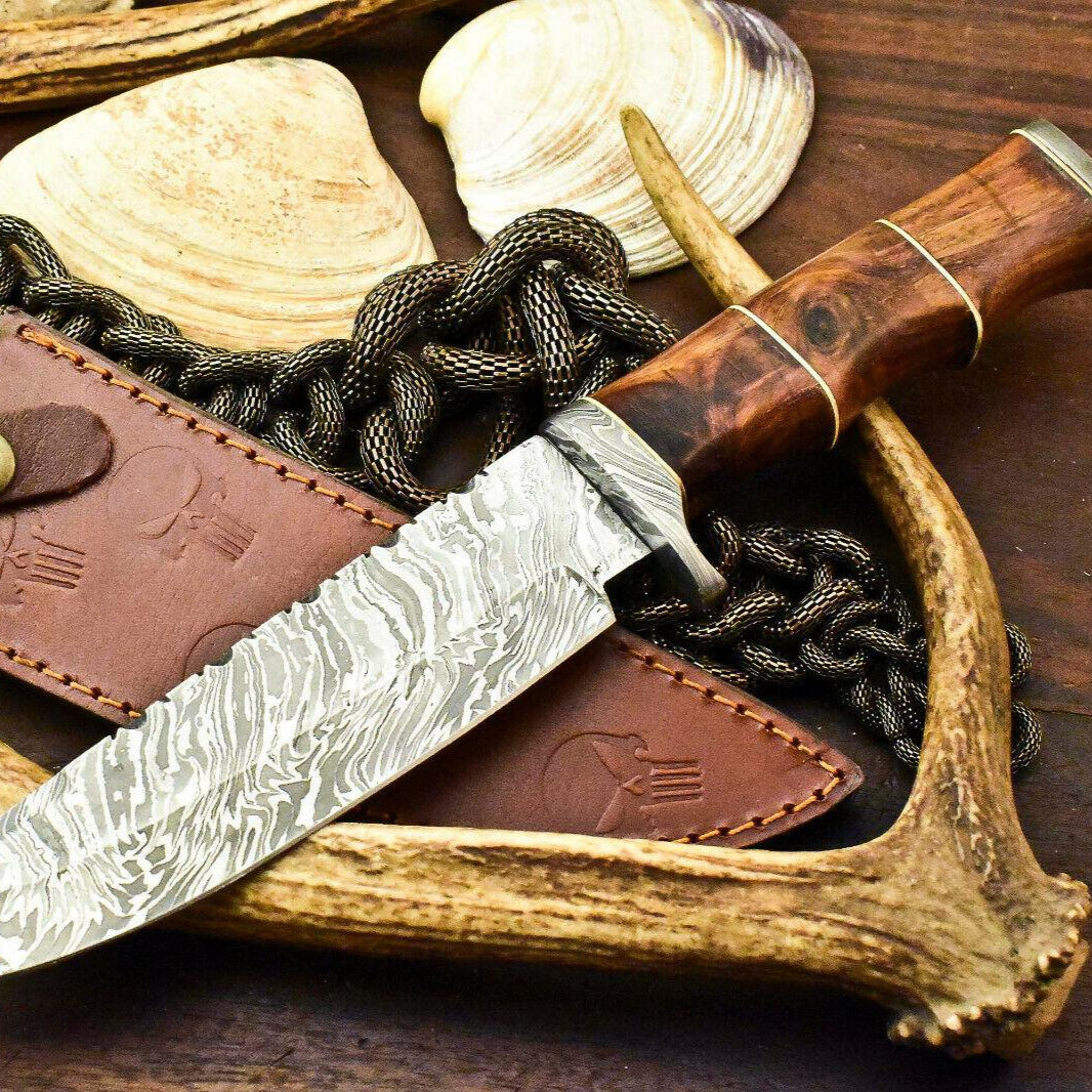 12.5" Damascus Hunting Bowie Knife – Walnut Wood Handle