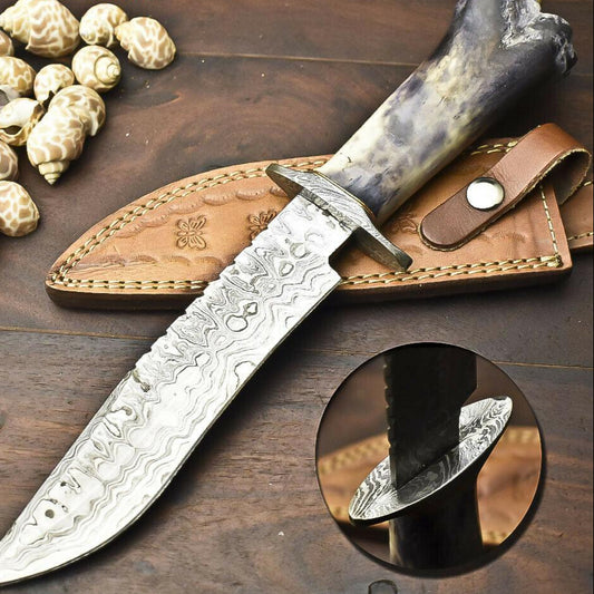 12.5" Damascus Steel Bowie Knife | Camel Bone Handle