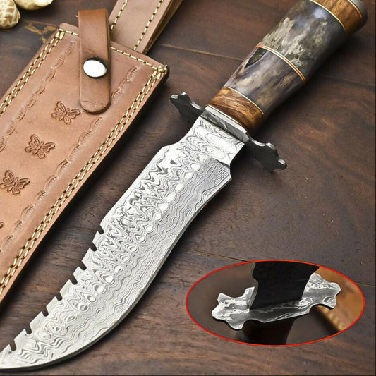 12.5" Damascus Steel Bowie Knife – Camel Bone Handle | Handmade Hunting Blade