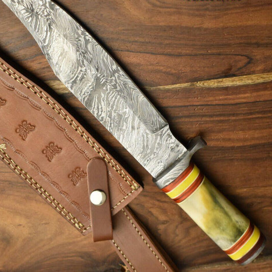  12.5" Damascus Steel Bowie Knife – Camel Bone Handle & Leather Sheath